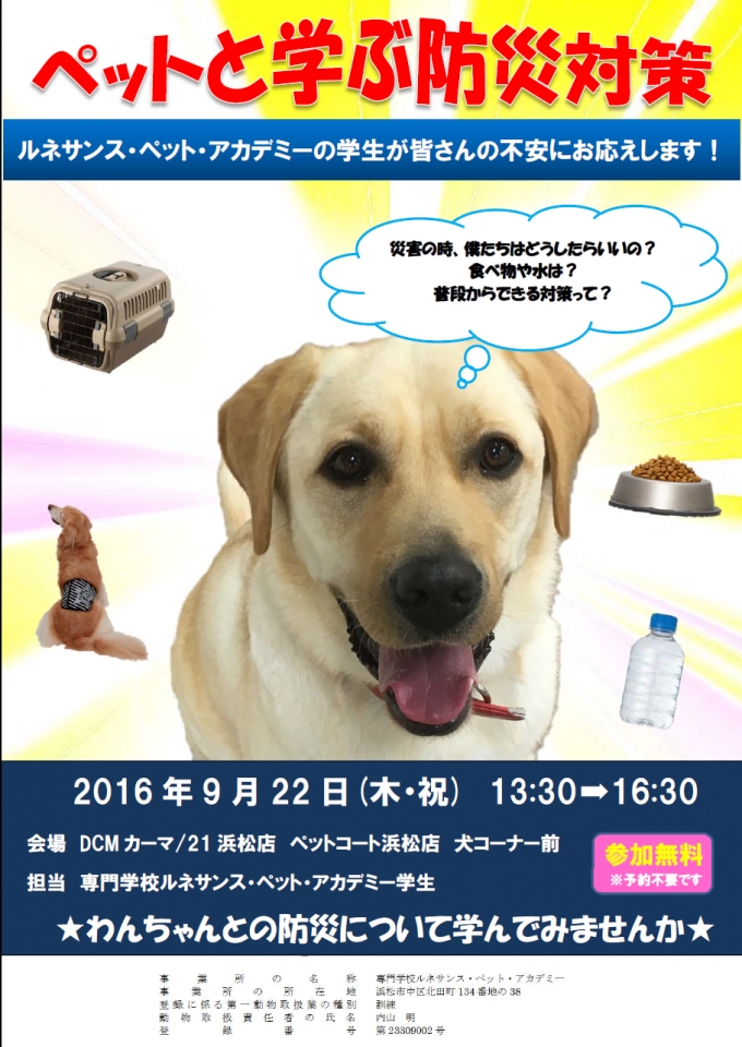 ペット防災イベントにドッグ ウェルネス科の学生が参加します 9月 16年 Rapインフォメーション 専門学校ルネサンス ペット アカデミー 静岡県浜松市で動物の看護 美容 しつけ 飼育を学ぶ